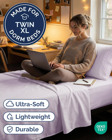Twin XL 3 Piece Sheet Set - College Dorm Room Essentials - Light Lavender