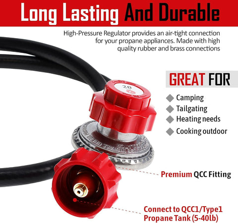 GasOne 2109-RED 4 ft High Pressure 0-20 PSI Adjustable Regulator with Red QCC-1 Type Hose-Works with Newer U.S. Propane Tanks