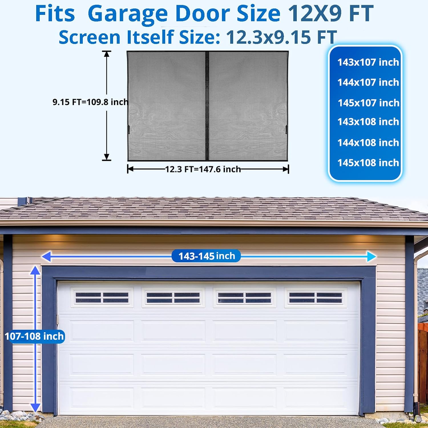 Garage Door Screen For 2 Car 12x9FT, Magnetic Screen Garage with Retractable Fiberglass Mesh and Heavy Duty Weighted Bottom, Easy Assembly & Pass, Hands Free Screen Door w/ 44 Magnets for Garage/Patio