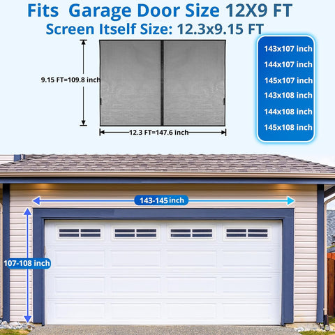 Garage Door Screen For 2 Car 12x9FT, Magnetic Screen Garage with Retractable Fiberglass Mesh and Heavy Duty Weighted Bottom, Easy Assembly & Pass, Hands Free Screen Door w/ 44 Magnets for Garage/Patio