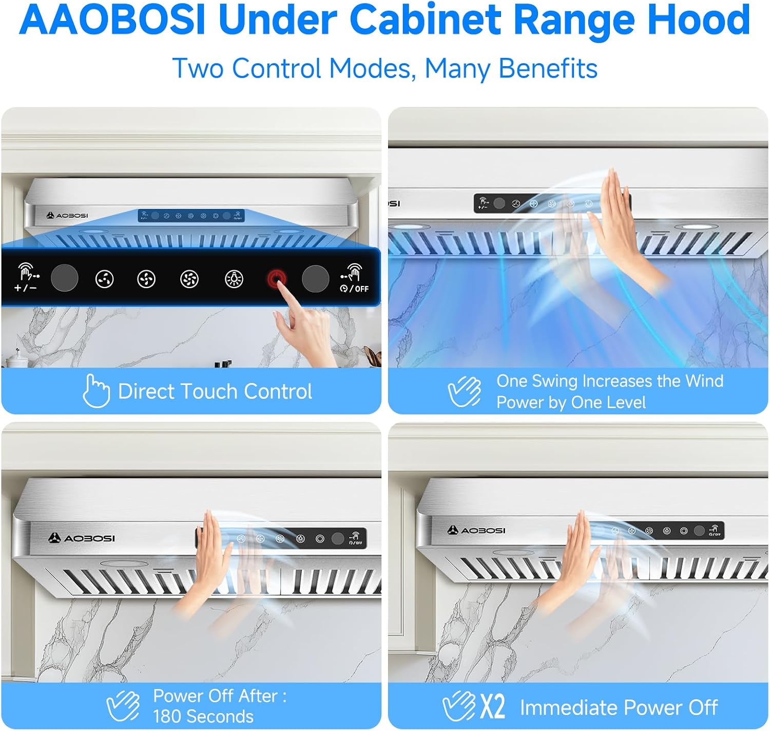 AAOBOSI Range Hood 30 inch Under Cabinet, (Upgraded)800-CFM Gesture Sensing/Touch Control/Motor,3 Speed Range Hood with LED Lights Exhaust Fan, Stainless Steel Kitchen Vent Hood