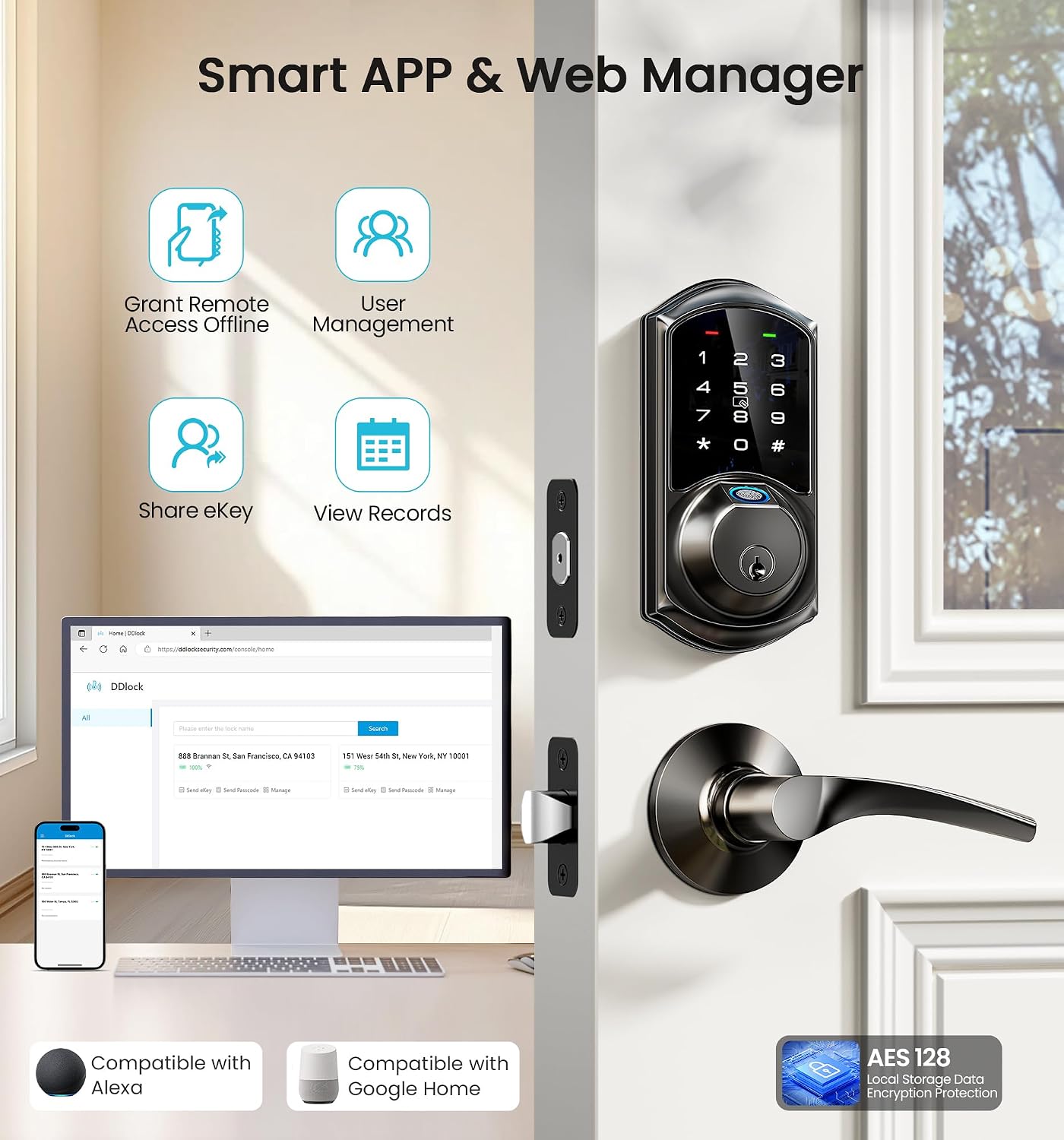 Veise VE07 Fingerprint Smart Deadbolt Lock, App Control, Fobs, Matte Black