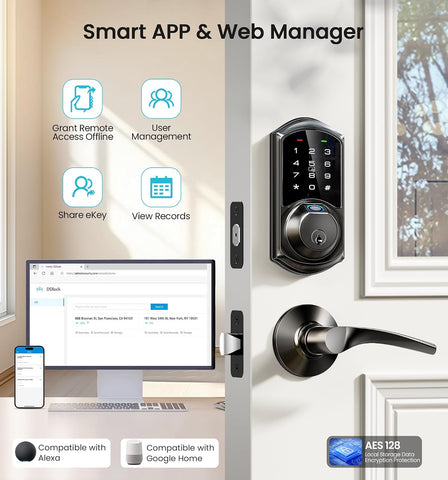 Veise VE07 Fingerprint Smart Deadbolt Lock, App Control, Fobs, Matte Black