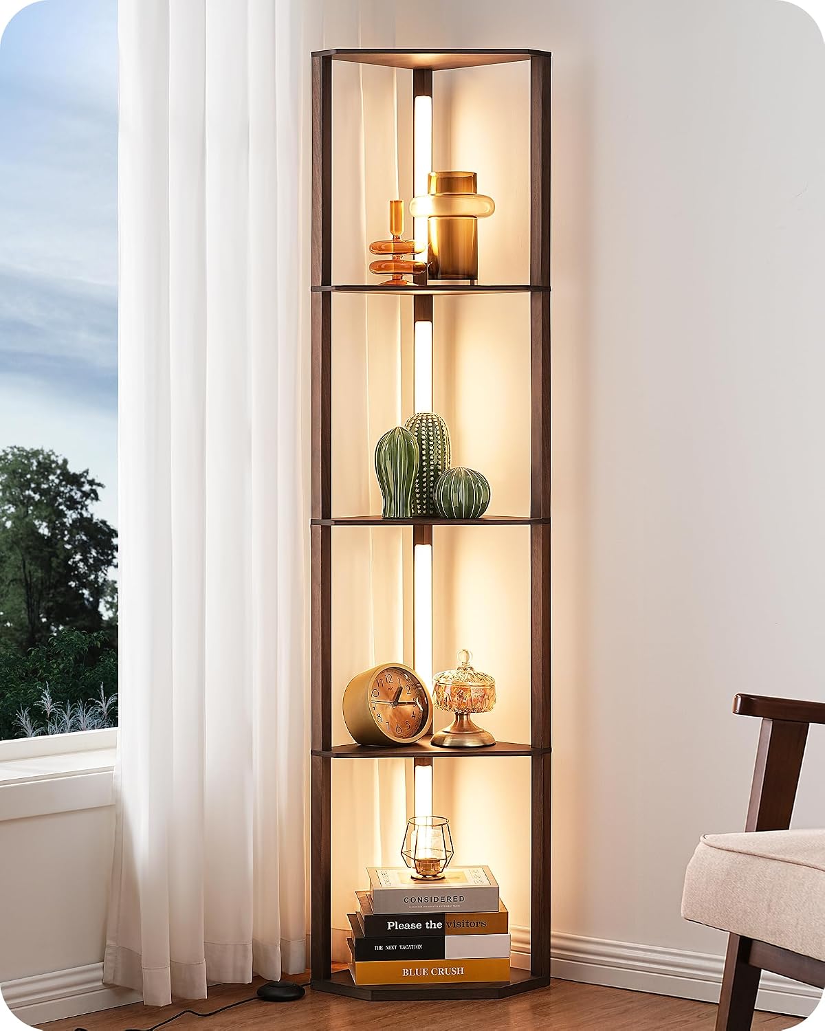 EDISHINE LED Corner Floor Lamp with Shelves, 3CCT, for Living Room, Walnut