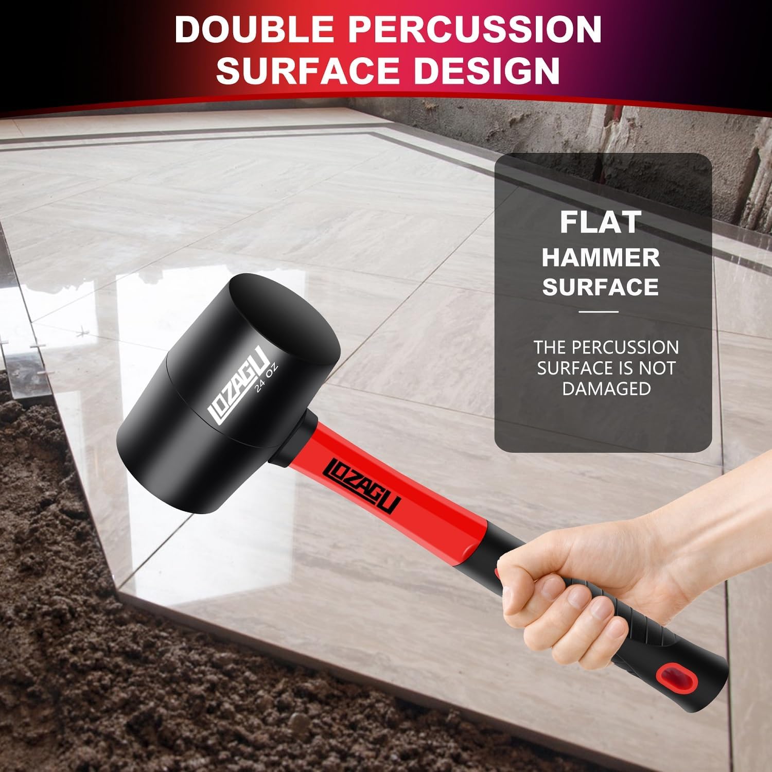 16oz Rubber Mallet Hammer, Fiberglass Handle, Rubber Mallet for Flooring, Tent Stakes, Woodworking, Camping, Soft Blow Tasks without Damage