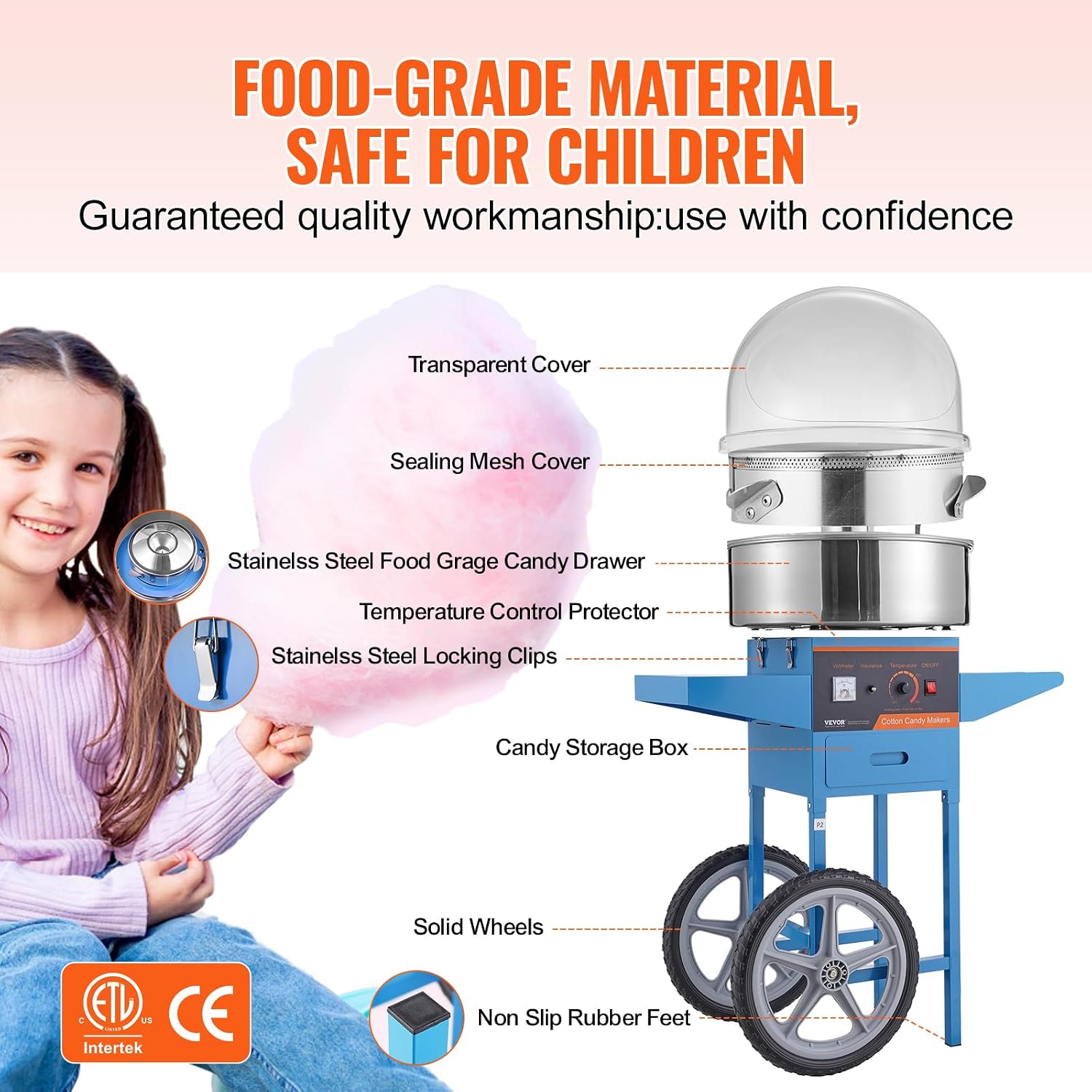 VEVOR Electric Cotton Candy Machine Cart with Cover, 1000W Commercial Floss Maker w/Stainless Steel Bowl, Sugar Scoop and Drawer, Perfect for Home, Carnival, Kids Birthday, Family Party, Blue