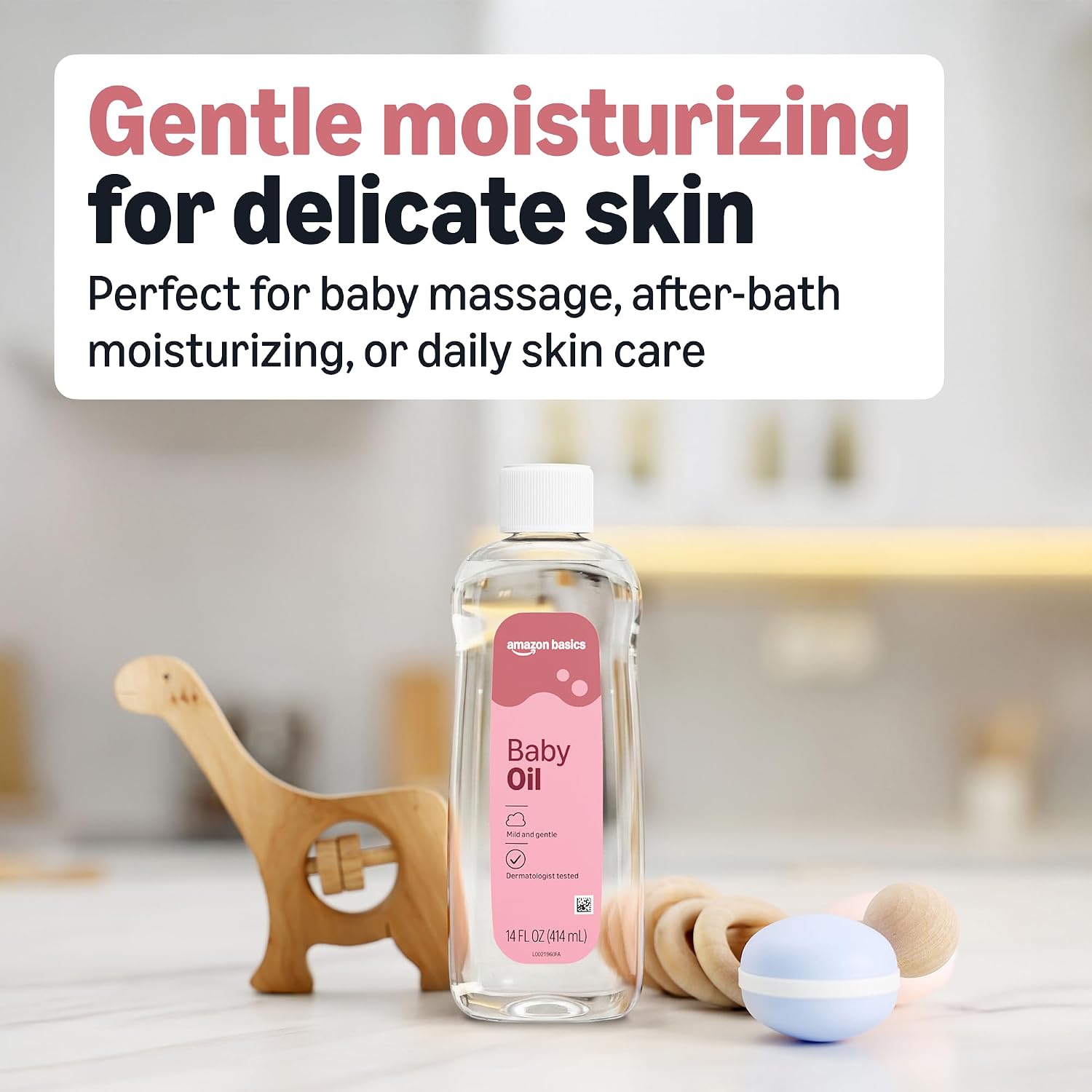 Amazon Basics Baby Oil, Mild & Gentle, Dermatologist Tested, Lightly Scented, 14 Fluid Ounces, Packaging May Vary
