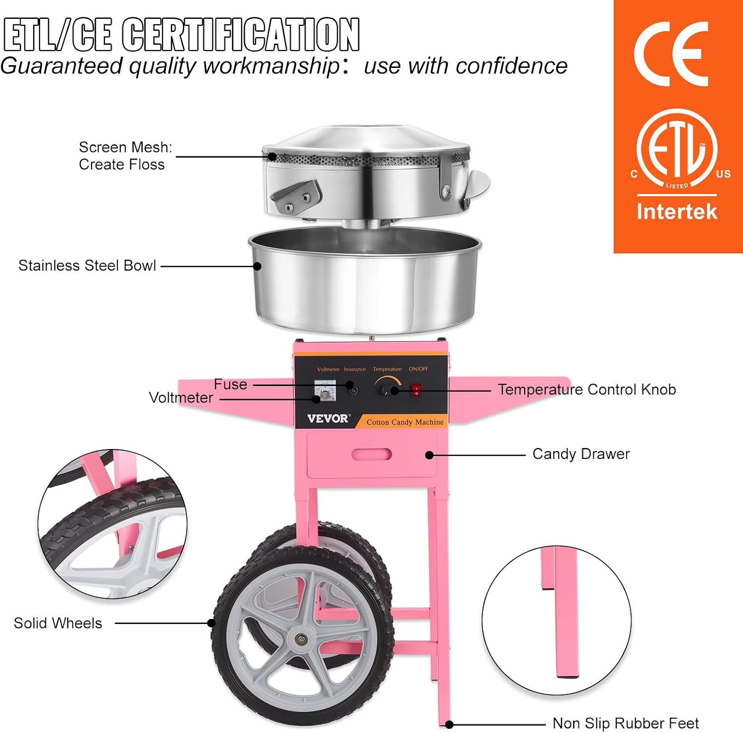VEVOR Electric Cotton Candy Machine Cart, 1000W Commercial Floss Maker w/Stainless Steel Bowl, Sugar Scoop and Drawer, Perfect for Home, Carnival, Kids Birthday, Family Party, Pink