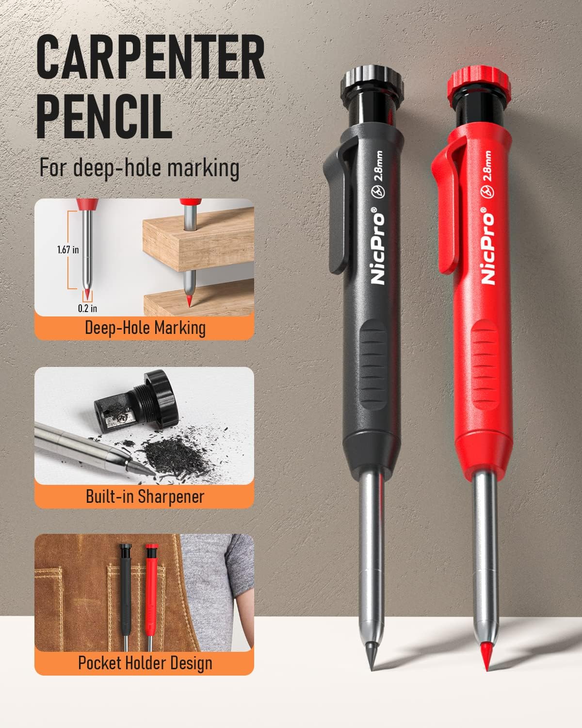 Nicpro Carpenter Pencils with Sharpener, Mechanical Pencil for Construction