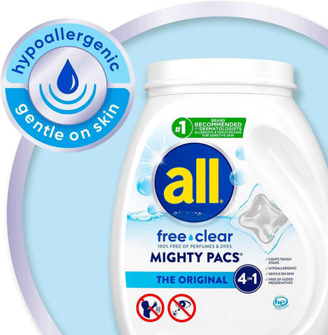 all free clear Laundry Detergent Pacs for Sensitive Skin, 66 Count, 2-Pack | Reduces static cling, hypoallergenic and gentle, dye free, dermatologist recommended, fragrance free