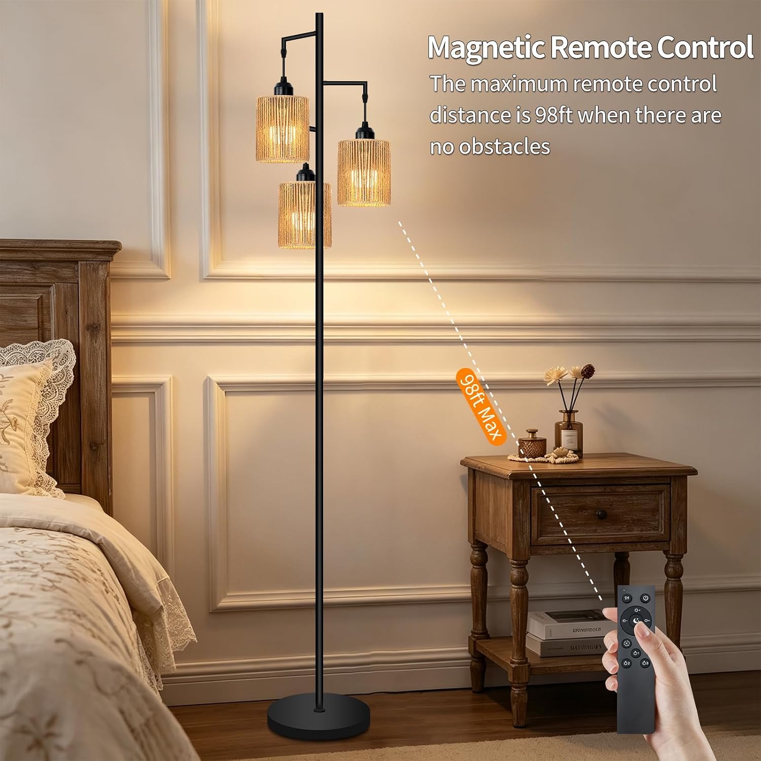 Hotsonic 72" Remote Boho Rattan Tree Floor Lamp, Tall Dimmable Industrial Standing Lamp for Living Room Bedroom, 1H Timer, 3 Individually Controlled Heads, 2 Height Options, 3 LED Bulbs Included-Black