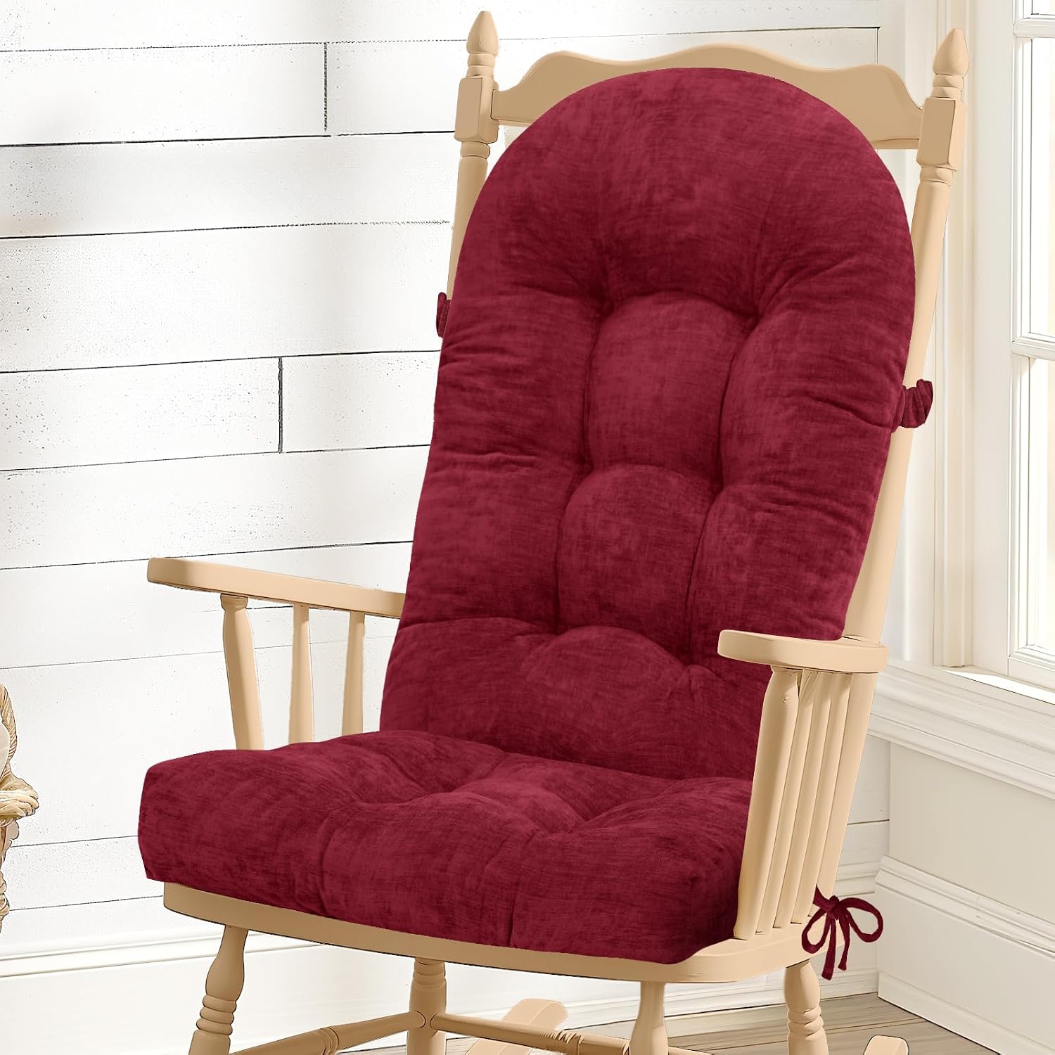 Rocking Chair Cushion - Chenille Fabric, High-Density Sponge, Durable Comfort Non-Slip Bottom Tufted Seat Pads with Ties, Chenille︱Red, 44x19x4 inch