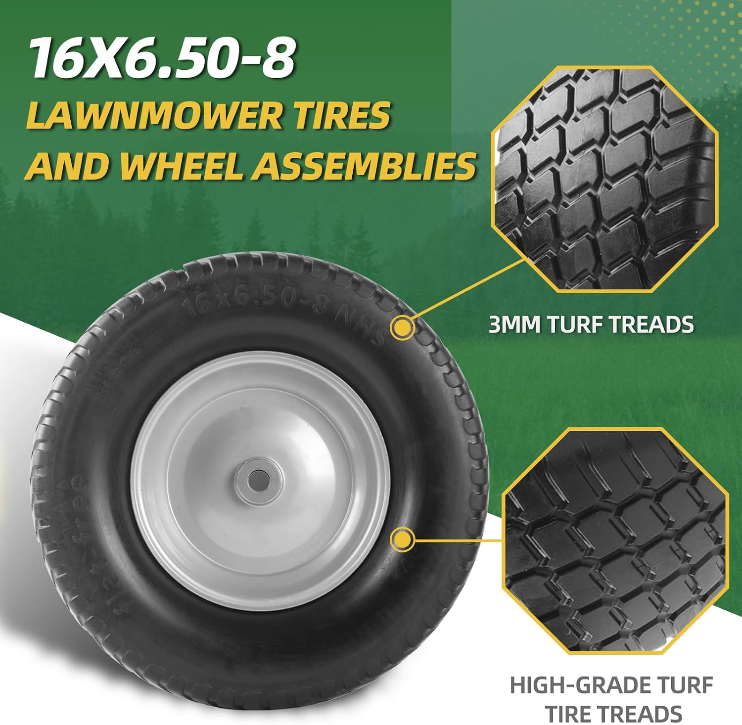 AR-PRO (2-Pack) 16x6.50-8 Flat-Free Tire and Wheel Assemblies, Relacement 16x6.5-8 Solid Turf Tire with Rim for Garden Tractor Riding Lawn Mowers, 3" Offset Hub and 3/4" Bushings