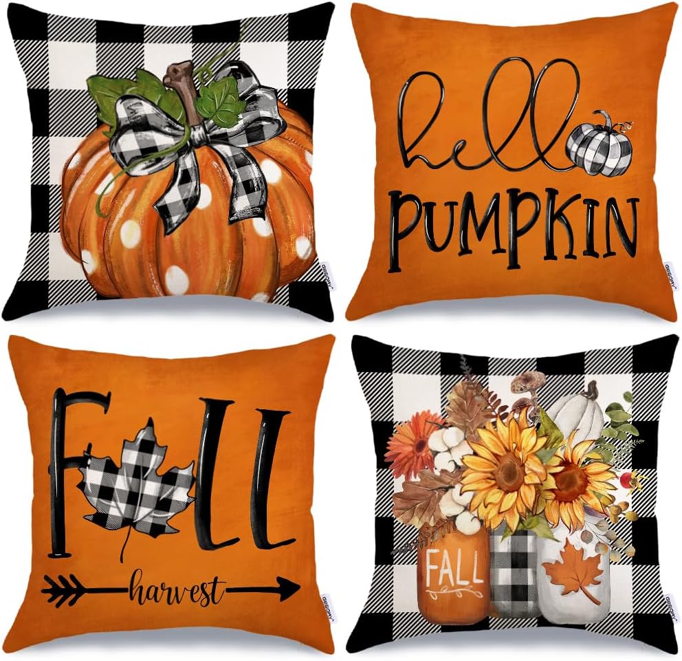 GEEORY Fall Hello Pumpkin Throw Pillow Covers 18x18 Inch Set of 4, Mason Jars Harvest Buffalo Plaid Autumn Decorative Farmhouse Holiday Cushion Cases for Home Decoration (Orange) G536-18