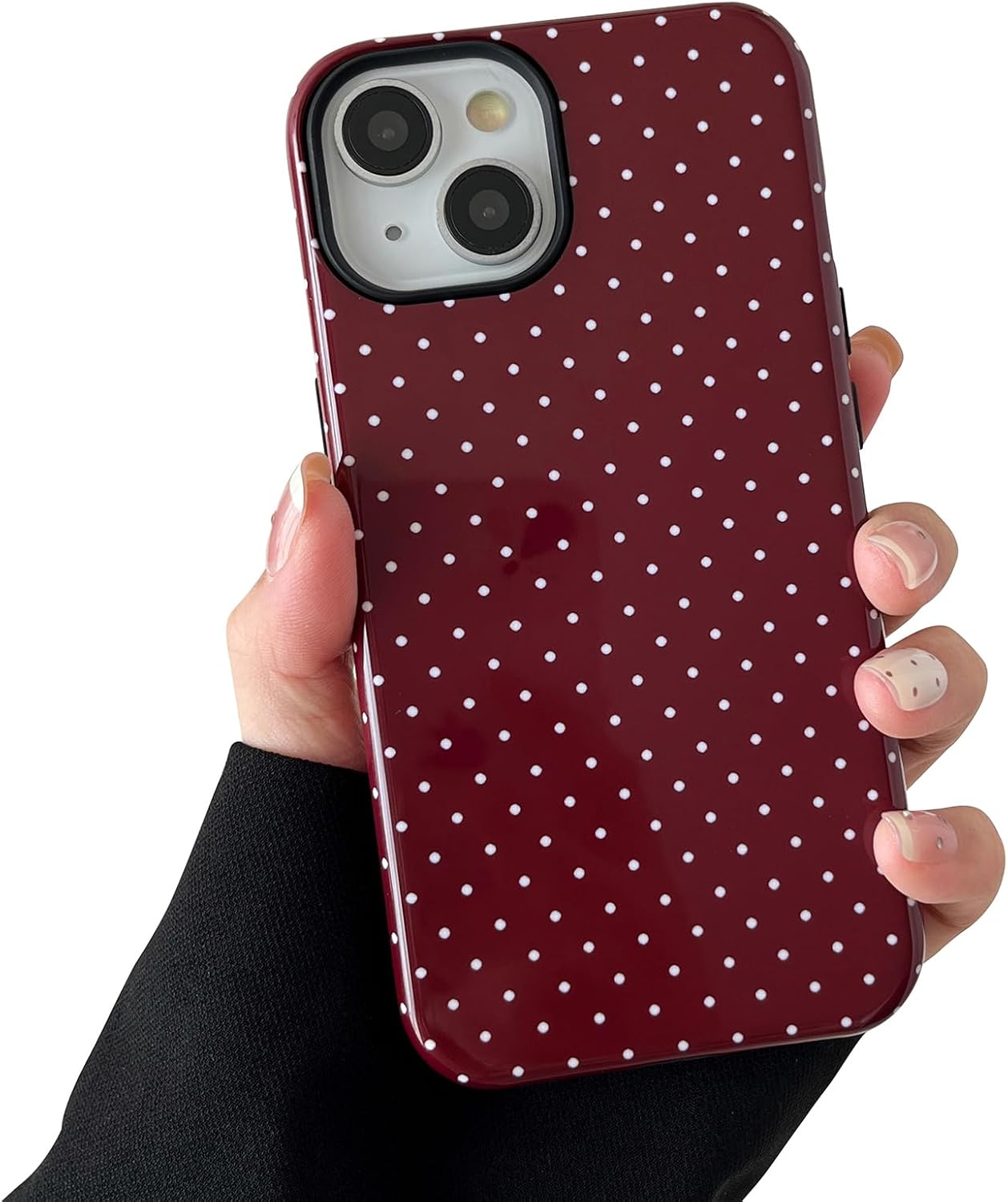 Compatible with iPhone 15 Case, Fashion Cute Polka Dot Pattern Aesthetic Design for Women, Soft TPU and Hard Back Shockproof Phone Case for iPhone 15 6.1 inch, Wine Red