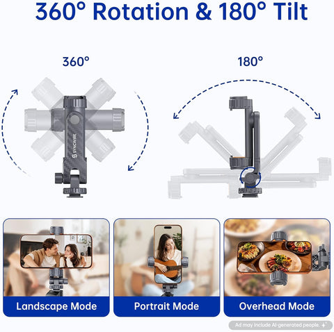 SYNCWIRE Tripod Phone Mount, Universal Smartphone Mount Adapter with 2 Cold Shoe and 1/4" Screw, 360° Rotates and 180° Tilts Adjustable Cell Phone Clamp Holder for Enhancing Mobile Photography Setup