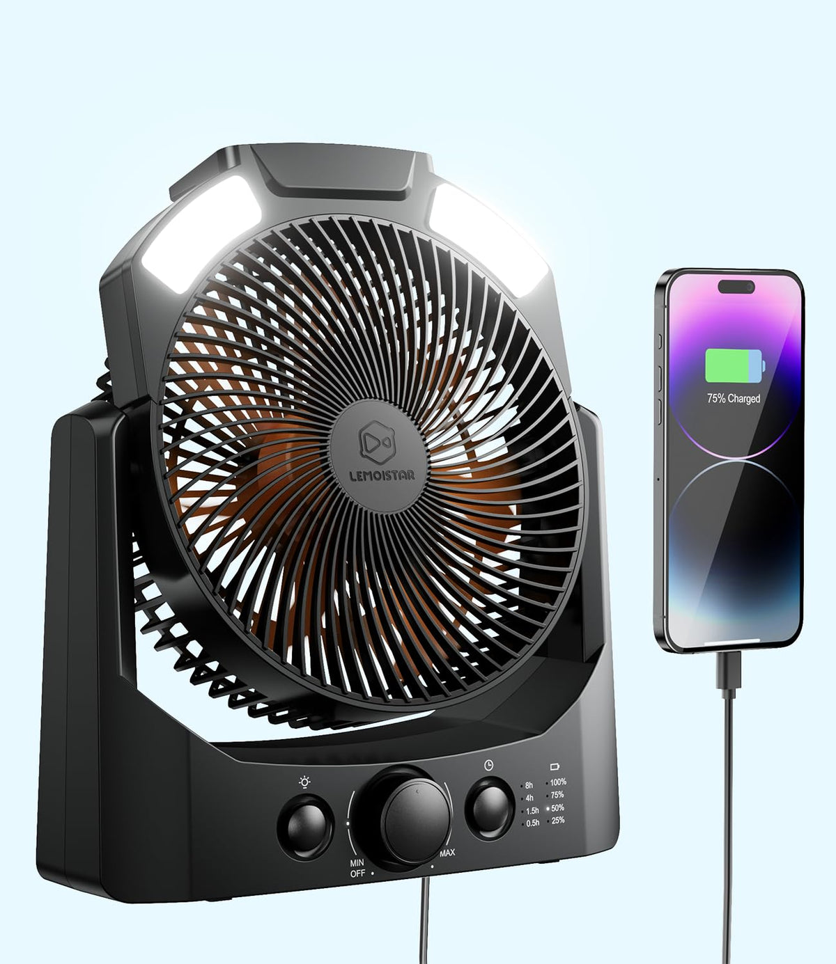 Camping Fan with LED Lantern, 8 Inch 10000mAh Battery Operated Desk Fan with Timer, High Velocity Stepless Speed Control, Quiet, 180° Rotation USB Portable Fan for Outdoor, Hurricane, Emergency