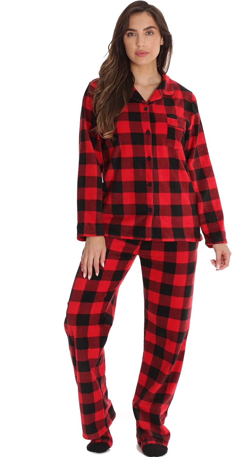 #followme Family Pajamas Buffalo Plaid Button-Front Microfleece Pajamas Set with Matching Socks