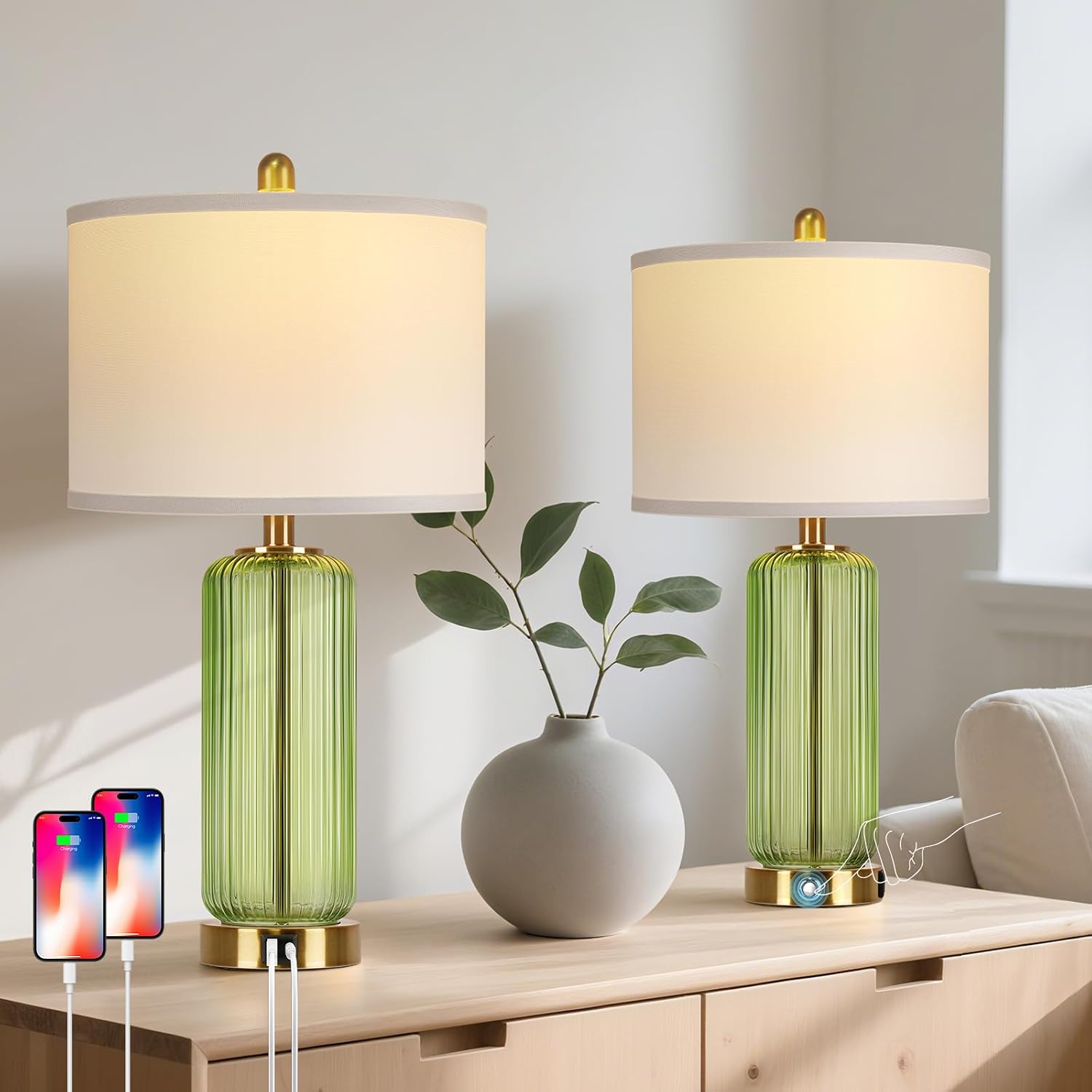 WIHTU 27" Touch Table Lamps, Modern Glass Beside Lamp with USB Ports, Green