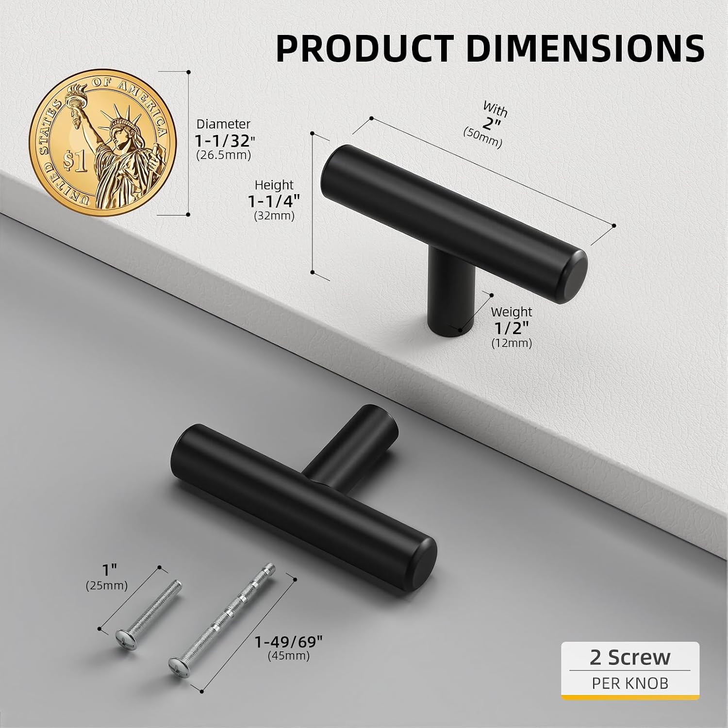 Goldenwarm 5 Pack Black Cabinet Knobs Matte Black Drawer Knobs, 2Inch