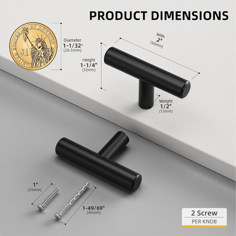Goldenwarm 5 Pack Black Cabinet Knobs Matte Black Drawer Knobs, 2Inch