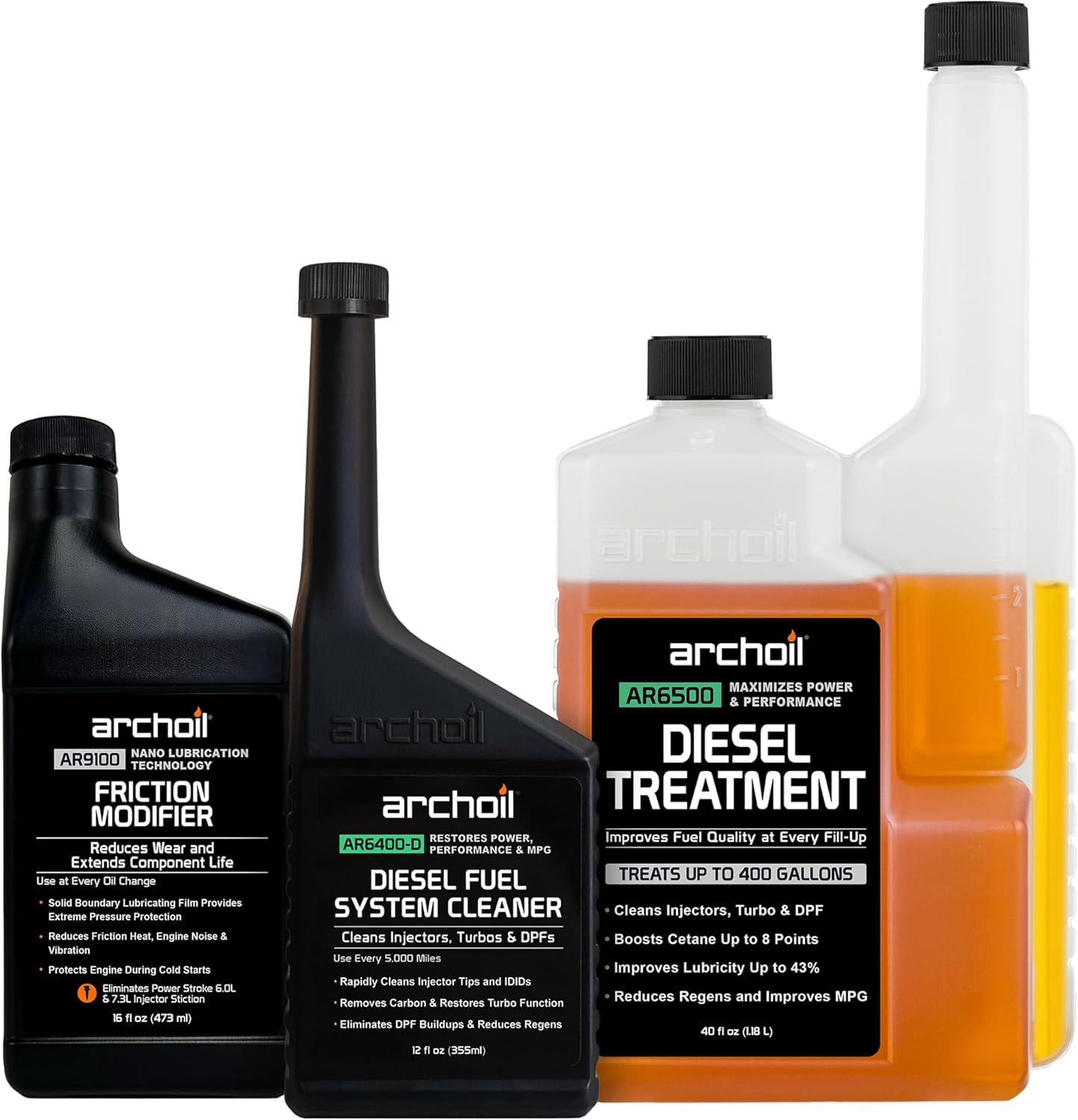 Archoil Ultimate Diesel Kit - AR9100 Friction Modifier (16oz) + AR6500 Diesel Treatment (40oz) + AR6400-D Diesel Fuel System Cleaner (12oz)
