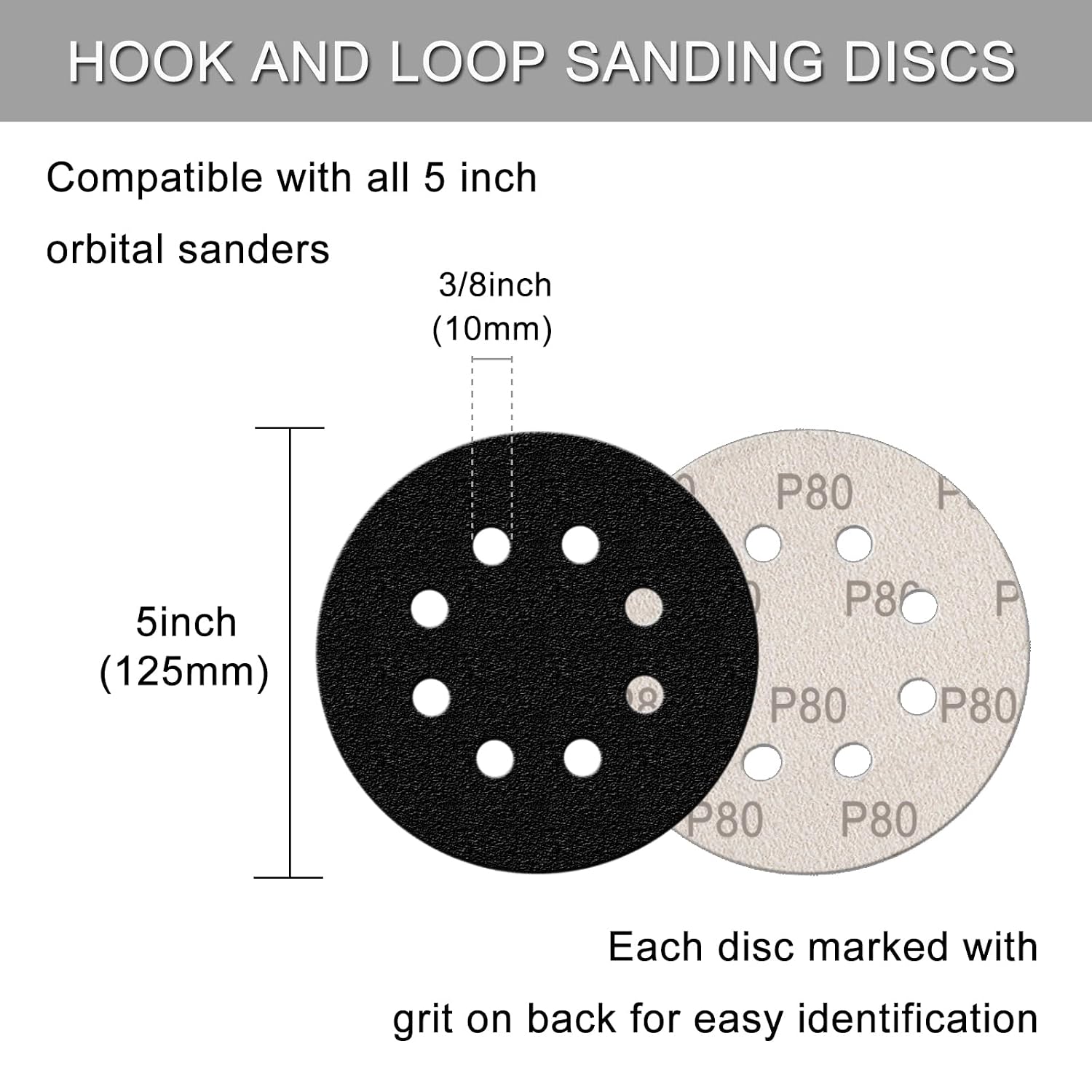 100Pcs 5 Inch Sanding Discs Hook & Loop 8-Hole Wet Dry Sandpaper Assortment