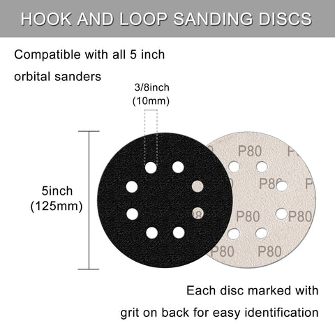 100Pcs 5 Inch Sanding Discs Hook & Loop 8-Hole Wet Dry Sandpaper Assortment