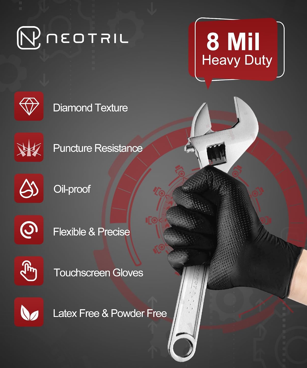 NEOTRIL 8 Mil Heavy Duty Disposable Nitrile Gloves with Diamond Texture Grip Rubber Gloves Latex & Powder Free