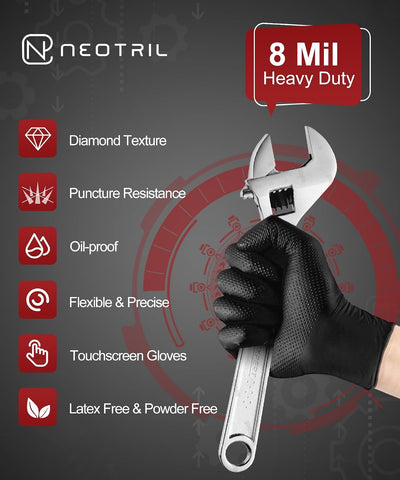 NEOTRIL 8 Mil Heavy Duty Disposable Nitrile Gloves with Diamond Texture Grip Rubber Gloves Latex & Powder Free