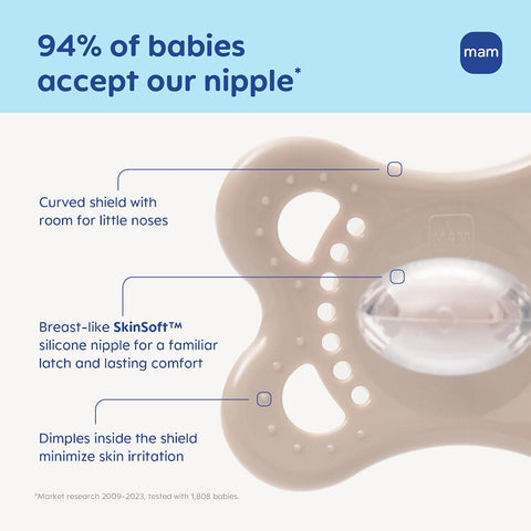 MAM Original Baby Pacifier 0-6 Mths, Skin Soft Silicone Nipple, 4 Pack