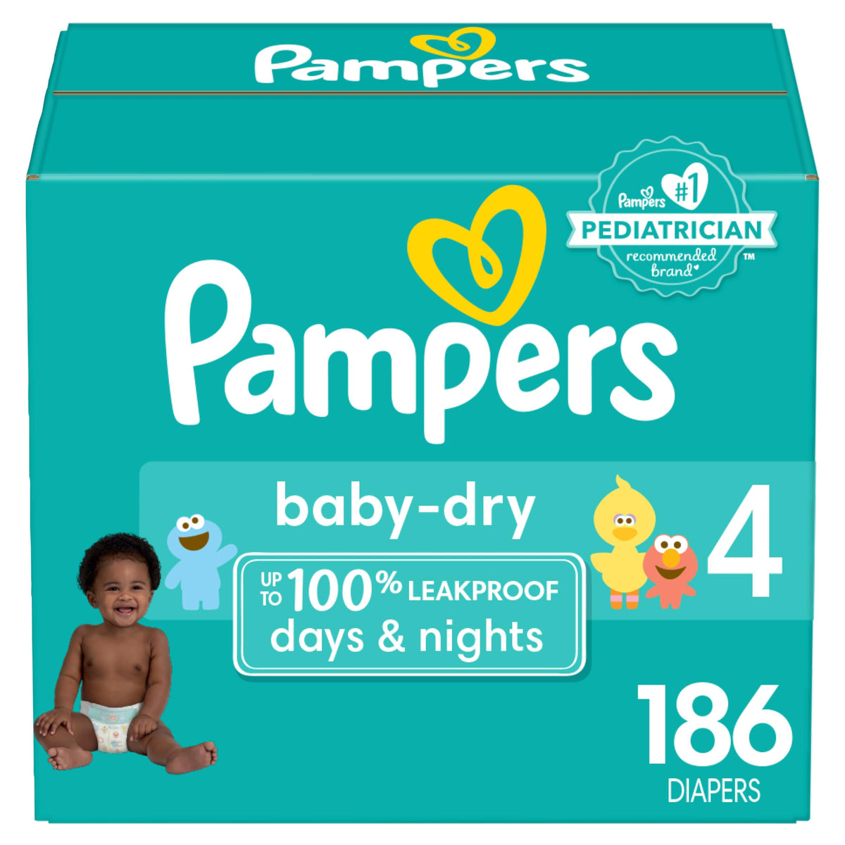 Pampers Baby Dry Diapers - Size 4, One Month Supply (186 Count), Absorbent Disposable Diapers