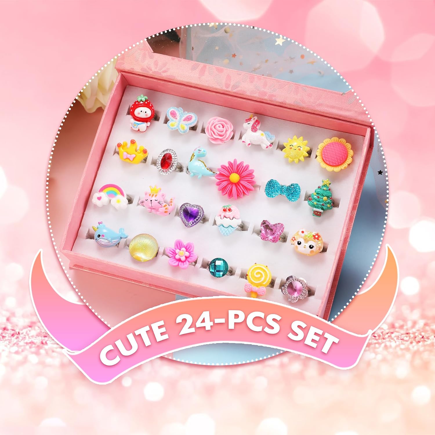 PinkSheep Little Girl Jewel Rings in Box,24 Lovely Girls Rings
