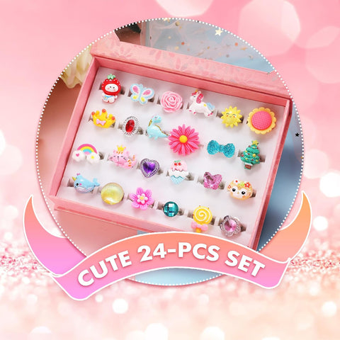 PinkSheep Little Girl Jewel Rings in Box,24 Lovely Girls Rings