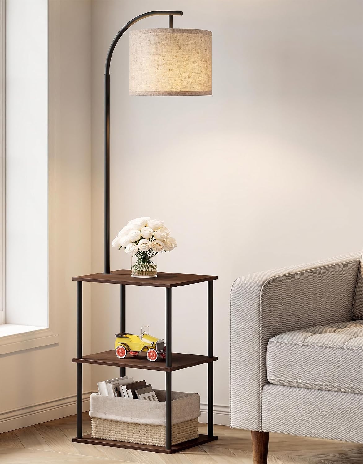 PARTPHONER Floor Lamp with Table, Night Stand with Lamp, Narrow Side Table with 3CCT LED Bulb, Small Coffee Table, Modern End Table with Storage Shelves for Living Room Bedroom, Walnut Brown