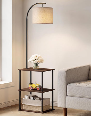 PARTPHONER Floor Lamp with Table, Night Stand with Lamp, Narrow Side Table with 3CCT LED Bulb, Small Coffee Table, Modern End Table with Storage Shelves for Living Room Bedroom, Walnut Brown