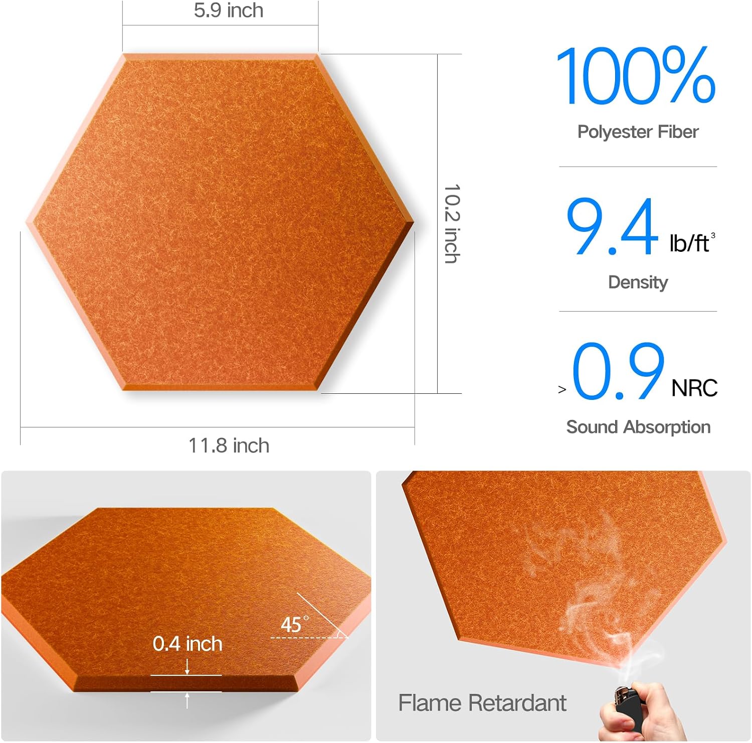 16 Pack Self-Adhesive Acoustic Panels 12" X 10" X 0.4" - Sound Proof Foam Panels for Wall with High Density, Hexagon Design, Flame Resistant, Absorb Noise and Eliminate Echoes(Tangerine)