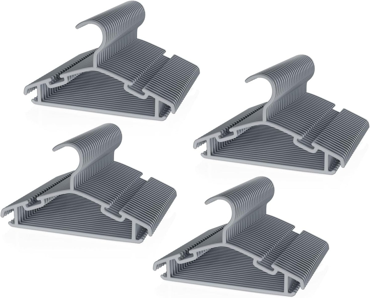 VILICK Kids Plastic Hangers, Baby Clothes Hangers for Closet 100 Packs Non-Slip Toddler Hangers for Infant Child Clothing for Pants Coats Skirts (Grey)