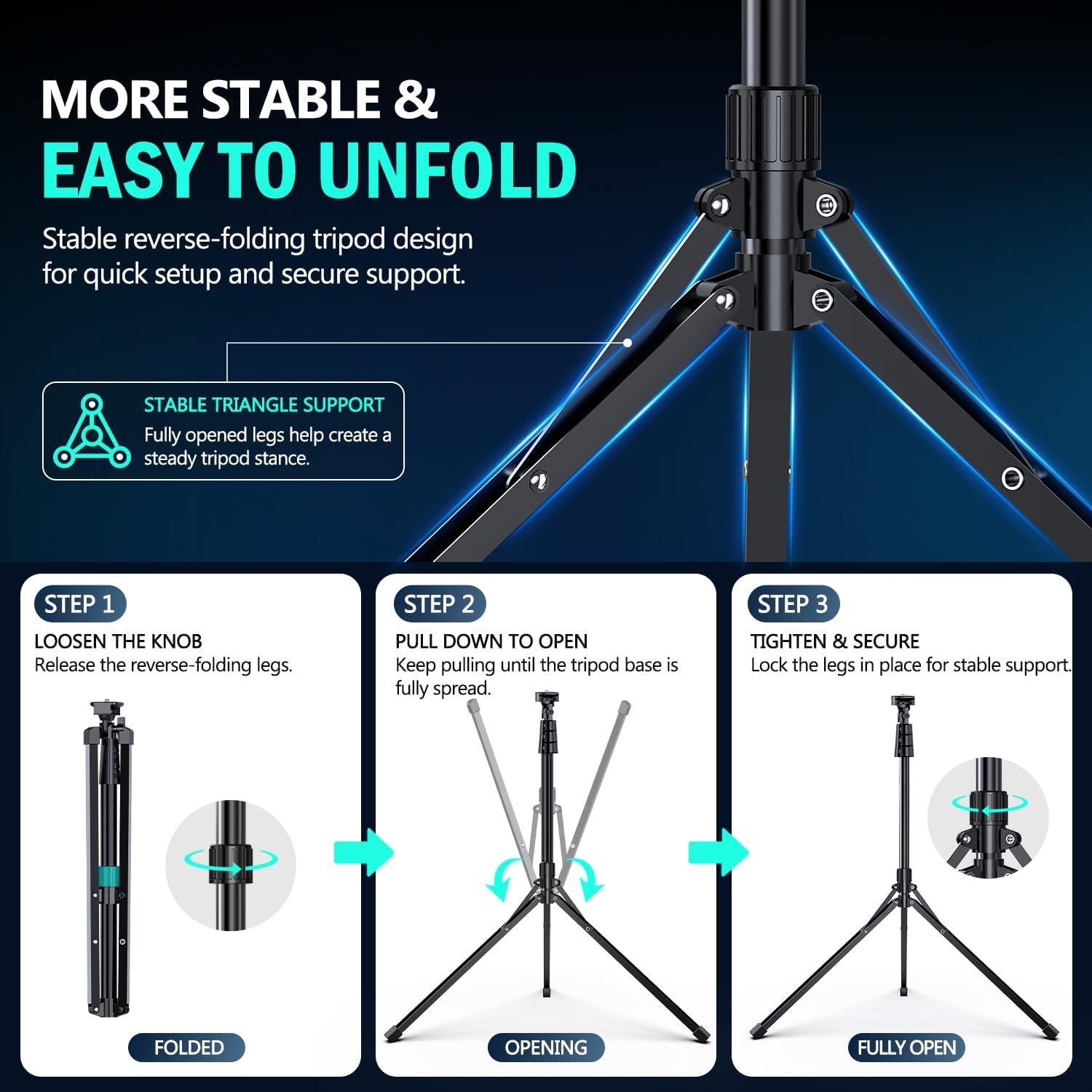 UBeesize 14'' LED Foldable Ring Light with 62'' Tripod Stand, Selfie Ring Light for Video Recording, Live Streaming, TikTok & YouTube, Compatible with iPhone & Android (Black)