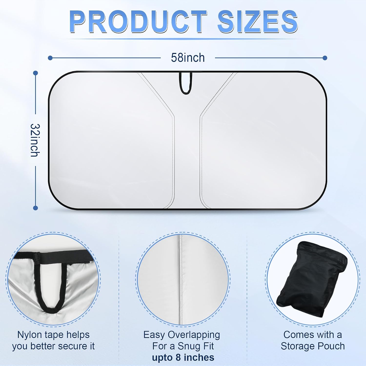 SINGARO 300T Universal Car Windshield Sun Shade, Foldable Reflective for Windshield & Window Shades with Overlapping Design, Car Interior Accessories (58" L x 32" W)