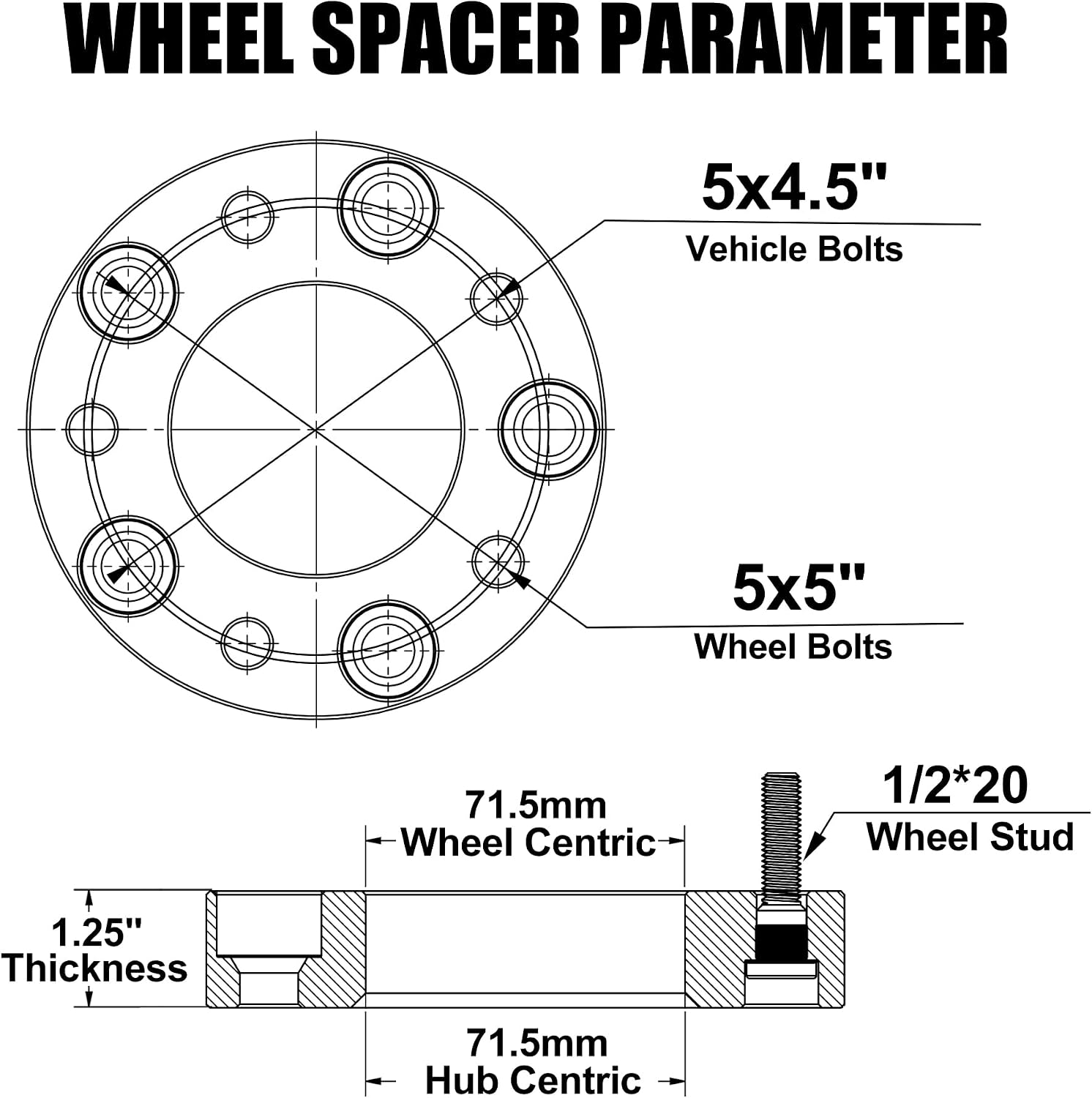 FLYCLE 5x4.5 to 5x5 Wheel Adapters Conversion Compatible with JK XK WK WJ Wheels on Tj Yj Kk Xj Mj Kj Zj Vehicle, 1.25 inch 5x114.3mm to 5x127mm Forged Wheel Adapter with 1/2-20 Studs & 71.5mm Bore