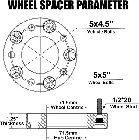FLYCLE 5x4.5 to 5x5 Wheel Adapters Conversion Compatible with JK XK WK WJ Wheels on Tj Yj Kk Xj Mj Kj Zj Vehicle, 1.25 inch 5x114.3mm to 5x127mm Forged Wheel Adapter with 1/2-20 Studs & 71.5mm Bore
