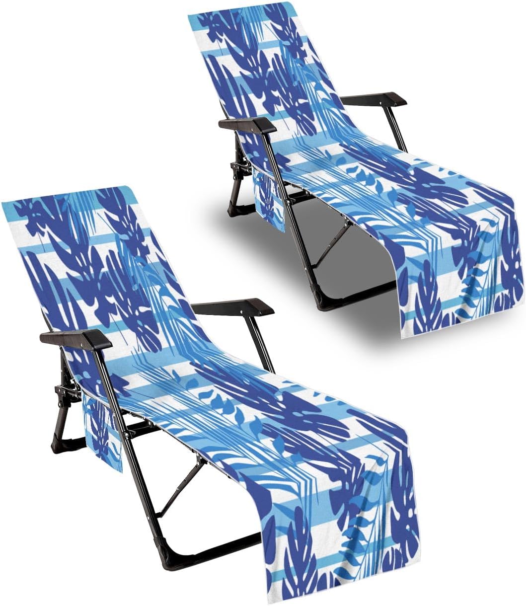 Mrcrypos Lounge Chair Towel Cover,Navy Blue Art Summer Tropical Leaves Striped Chaise Lounge Cushion Cover,Beach Chair Covers with Pockets Pack of 2 for Pool Garden Outdoor Trips,82.6"X29.5"