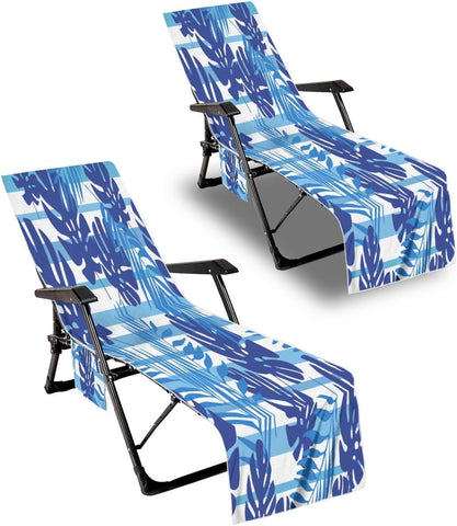 Mrcrypos Lounge Chair Towel Cover,Navy Blue Art Summer Tropical Leaves Striped Chaise Lounge Cushion Cover,Beach Chair Covers with Pockets Pack of 2 for Pool Garden Outdoor Trips,82.6"X29.5"