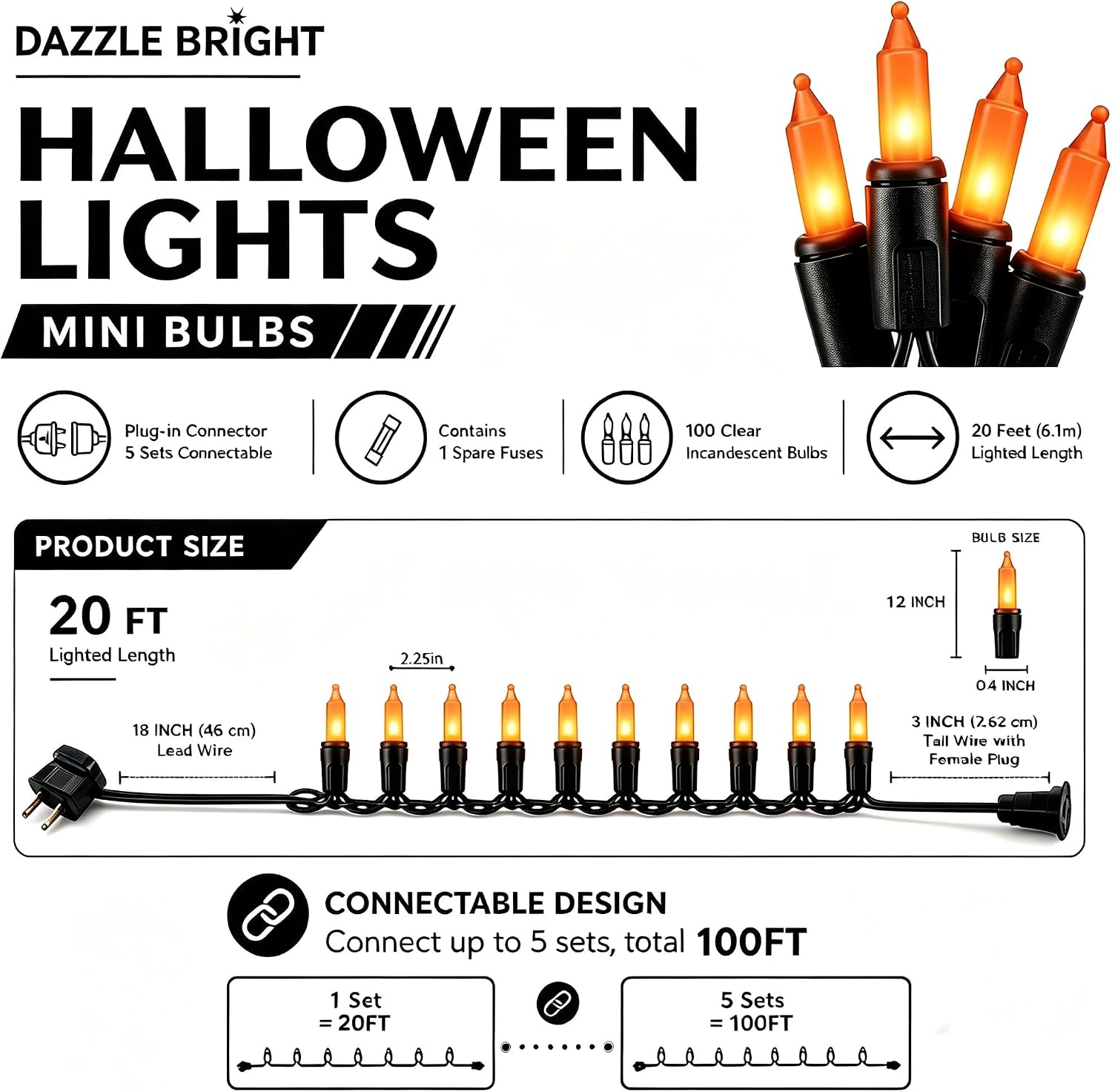 Dazzle Bright Orange Halloween Mini Lights, 20FT 100 Count Waterproof Incandescent Lights Plug in, Connectable Halloween Decorations for Indoor Outdoor Party Yard