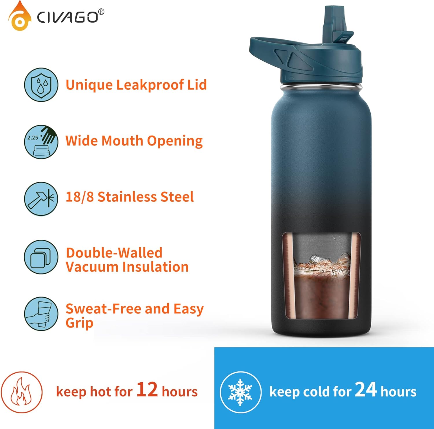 CIVAGO 64 oz Insulated Stainless Steel Water Bottle With Straw and 3 Lids