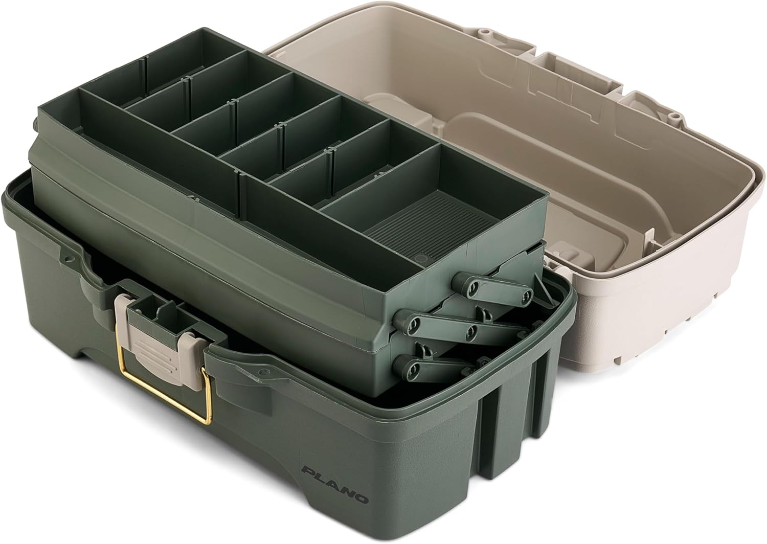 Plano Two-Tray Tackle Box, Green/Tan, Rust-Proof Brass Latch, Top-Access Tray with Deep Storage, Made in the USA, Portable Fishing Gear Storage Organizer