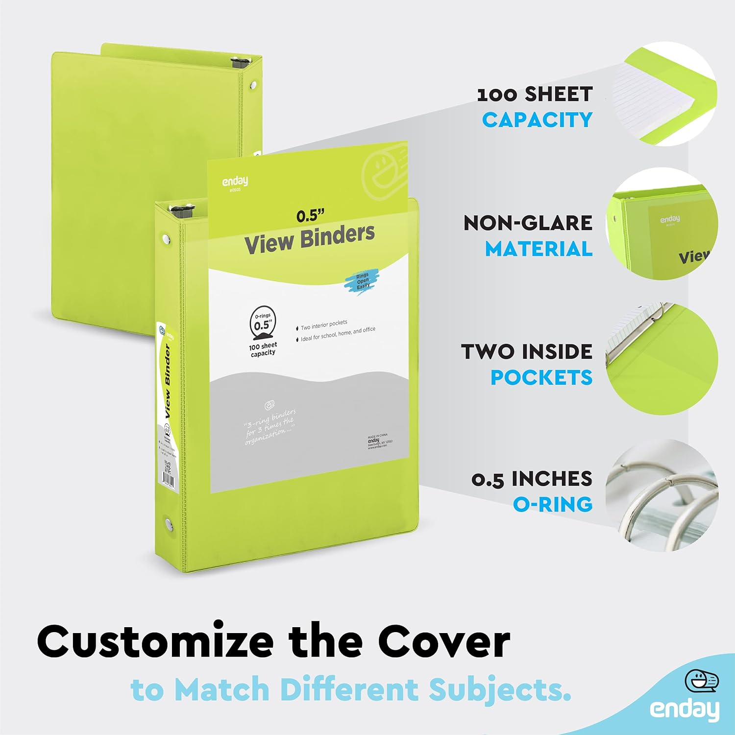Enday 1/2 Inch Binder, Green 3 Ring Binder, 0.5 Inch Heavy Duty Three Ring Binder, 100 Sheets Capacity - for Home School and Office