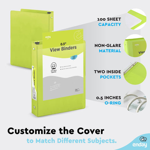 Enday 1/2 Inch Binder, Green 3 Ring Binder, 0.5 Inch Heavy Duty Three Ring Binder, 100 Sheets Capacity - for Home School and Office