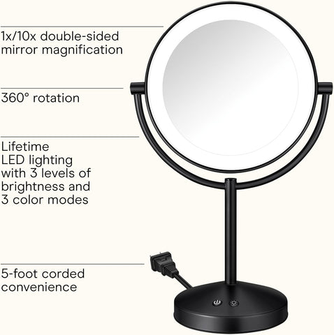 Conair LED Vanity Mirror, Double-Sided, 10x Maginification, Matte Black